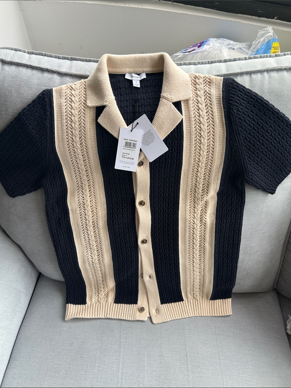 Reiss Navy and Cream Short-Sleeve Button Knit